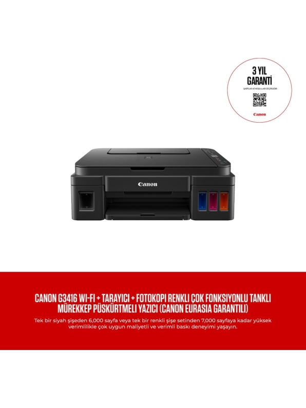 Canon Pixma G3416 Wi-Fi + Tarayıcı + Fotokopi Renkli Çok Fonksiyonlu Tanklı Mürekkep Püskürtmeli Yazıcı - 1