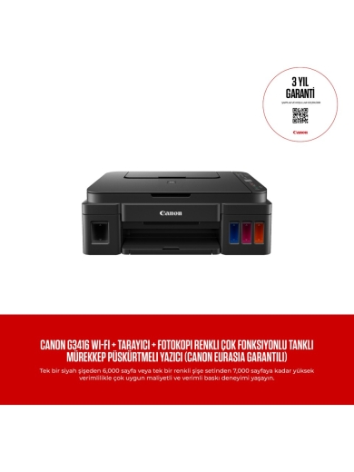 Canon Pixma G3416 Wi-Fi + Tarayıcı + Fotokopi Renkli Çok Fonksiyonlu Tanklı Mürekkep Püskürtmeli Yazıcı