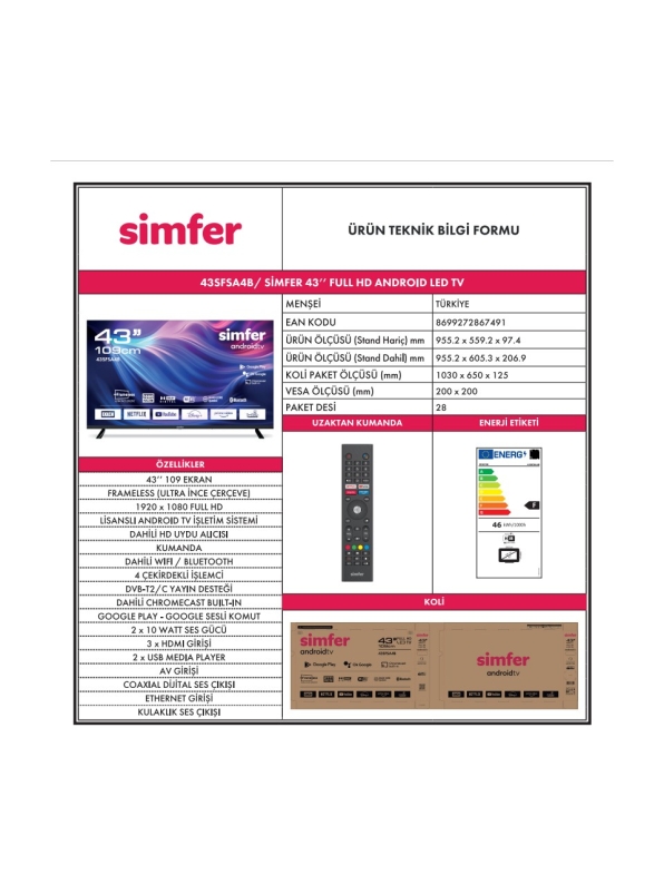 Simfer 43SFSA4B 43" 109 Ekran Full HD Android Smart LED TV - 5
