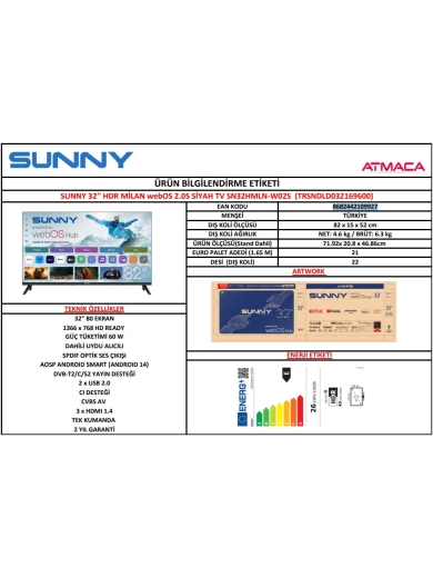 Sunny SN32HMLN -W02S HD 32" 82 Ekran Uydu Alıcılı webOS Smart LED Televizyon - 4