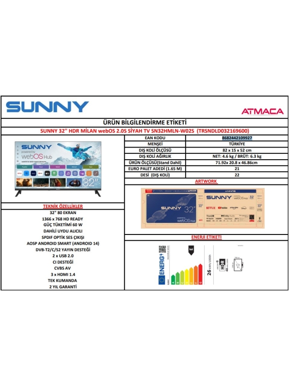 Sunny SN32HMLN -W02S HD 32" 82 Ekran Uydu Alıcılı webOS Smart LED Televizyon - 4